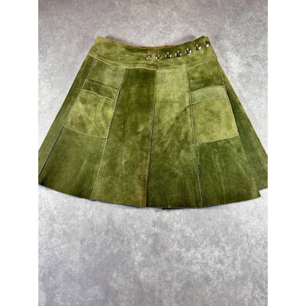 VTG Olive Green Genuine Suede Leather Patchwork Mini Skirt Snap Front Handmade